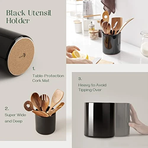 DOWAN Kitchen Utensil Holder, Ceramic Utensils Crock With Table-Protection Cork Mat, Cooking Utensil Holder For Kitchen Décor, Easy To Clean, Black 3 DOWAN Kitchen Utensil Holder, Ceramic Utensils Crock With Table-Protection Cork Mat, Cooking Utensil Holder For Kitchen Décor, Easy To Clean, Black - Image 3