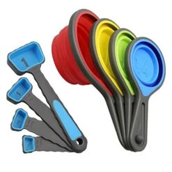 Ollapsible Silicone Measuring Cups & Measuring Spoons - Set 8psc Silicone Mesuring Cup And Collapsible Spoon - Great For Camping And Pet Food (Blue)