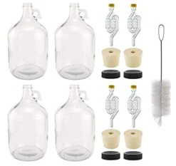 1 Gallon Glass Fermenting Jug With Handle, 6.5 Rubber Stopper, 6-Bubble Airlock, Black Plastic Lid - Set Of 4 - With Cleaning Brush