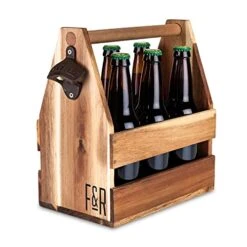 Acacia Wood Beer 6 Pack Carrier, Caddy, Holder, Tote, Basket, 11" X 6" X 11"