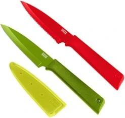 COLORI+ Non-Stick Straight And Serrated Paring Knives With Safety Sheaths, Set Of 3, Red, Yellow And Green -Peugeot Shop 411XqgcbqZS. AC