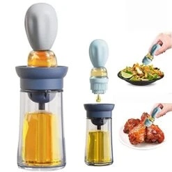 2 In 1 Oil Dispenser Bottle, Glass Olive Bottle With Silicone Brush And Dropper Measuring Container For Kitchen Cooking Pancake Vinegar Turkey Frying Grilling Baking BBQ (blue), 18x6cm