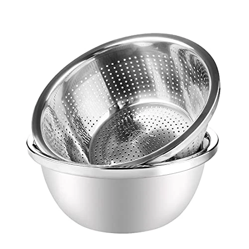 304 Stainless Steel Colander With Bowl Set Of 2, Kitchen Strainer, Washer, Drainer Basket With Basin For Vegetable, Fruits, Pasta, Salad Mixing, Food Prep, Heavy Duty & Dishwasher Safe 1 304 Stainless Steel Colander With Bowl Set Of 2, Kitchen Strainer, Washer, Drainer Basket With Basin For Vegetable, Fruits, Pasta, Salad Mixing, Food Prep, Heavy Duty & Dishwasher Safe