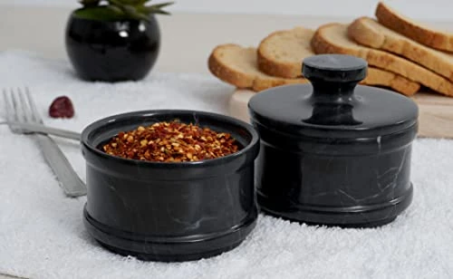 Handmade Marble Black 5” Dual Salt Cellar With Lid – 2” Each Salt And Pepper Bowls Kitchen Container Storage Set – Ideal For Jewelry, Butter Keeper, Sugar & Kitchen Décor 3 Handmade Marble Black 5” Dual Salt Cellar With Lid – 2” Each Salt And Pepper Bowls Kitchen Container Storage Set – Ideal For Jewelry, Butter Keeper, Sugar & Kitchen Décor - Image 3