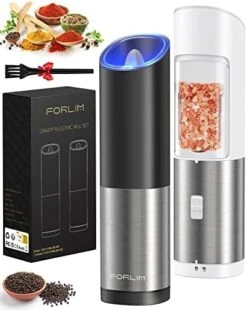 Gravity Electric Salt And Pepper Grinder Set Battery Operated, Adjustable Coarseness, Blue LED Light, One Hand Automatic Operation, Stainless Steel Classic Black & White, 2 Mills -Peugeot Shop 412VJBDFhL. AC