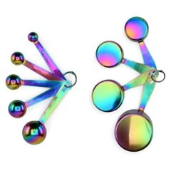Rainbow Metal Measuring Cups And Spoons Set (9 Piece, Titanium-Coated Stainless Steel) – Iridescent Kitchen Accessories – Neo Chrome, Oil Slick Décor – Unique Housewarming, Bridal Shower, Wedding Gift