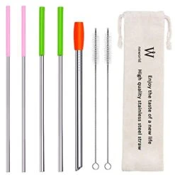 Metal Straws Reusable Stainless Steel Straws Bubble Tea Drinking With Silicone Tip And Carrying Pack 5 Set - Mix Wide Straw 2 Cleaning Brush And A Portable Bag (Silver)