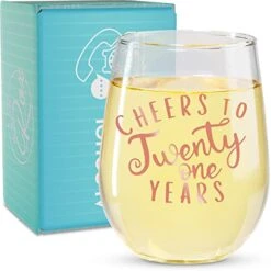 21st Birthday Stemless Wine Glass Gifts For Women - Cheers To 21 Years Old Wine Glass Birthday Present - Rose Gold Print Perfect For Women, Friend, Sister Turning Twenty One - 17 Oz