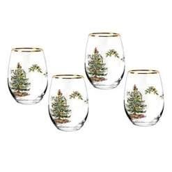 Spode Christmas Tree Stemless Wine Glasses- Set Of 4 -19 Ounces- Made Of Glass – Gold Rim- Classic Drinkware- Gift For Christmas, Holidays, Or Wedding