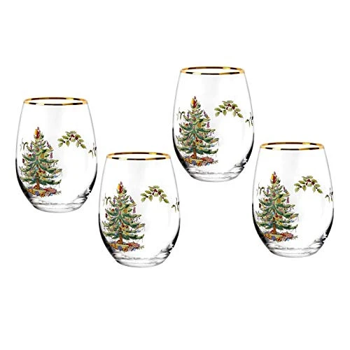 Spode Christmas Tree Stemless Wine Glasses- Set Of 4 -19 Ounces- Made Of Glass – Gold Rim- Classic Drinkware- Gift For Christmas, Holidays, Or Wedding 1 Spode Christmas Tree Stemless Wine Glasses- Set Of 4 -19 Ounces- Made Of Glass – Gold Rim- Classic Drinkware- Gift For Christmas, Holidays, Or Wedding
