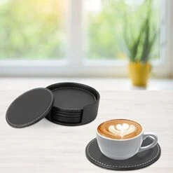 Set Of 6 Leather Drink Coasters Round Cup Mat Pad For Home And Kitchen Use Black, 3.94" -Peugeot Shop 413r846WpSL