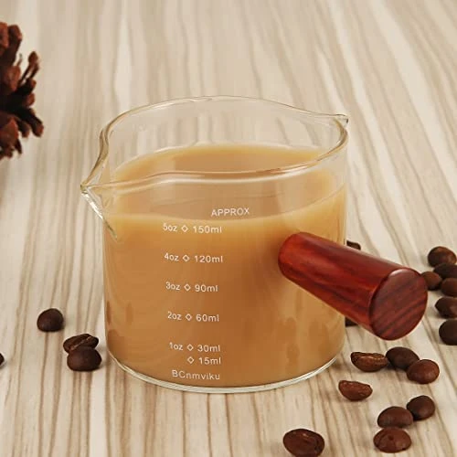 Double Spouts 150ML /5OZ Measuring Triple Pitcher Milk Cup With Wood Handle Espresso Shot Glasses Parts Clear Glass (1) 2 Double Spouts 150ML /5OZ Measuring Triple Pitcher Milk Cup With Wood Handle Espresso Shot Glasses Parts Clear Glass (1) - Image 2
