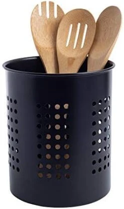 Stainless Steel Kitchen Utensil Holder - Crock Organizer Caddy - Great For Large Cooking Tools (6.3" Diameter X 7"H, Black With Holes Design) -Peugeot Shop 414PTS8UicL. AC