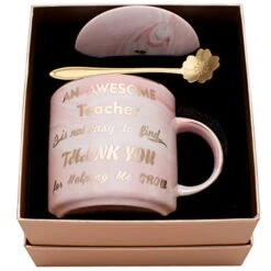 Teacher Gift - Teacher Appreciation Gifts - Best Gifts For Teachers - Best Teacher Gifts For Women - Pink Marble Ceramic Coffee Mugs 11.5oz And Lid