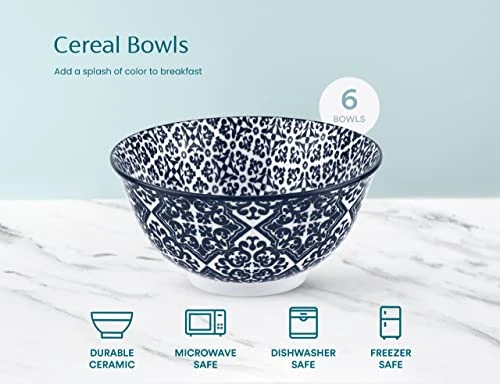 Cereal Bowls, Ceramic Make, Vibrant Color, Multi Color Designs, Bowls For Thanksgiving, Christmas And Kitchen Perfect For Soup, Pasta, Salad, Ice Cream, Set Of 6, 18oz (Navy) 4 Cereal Bowls, Ceramic Make, Vibrant Color, Multi Color Designs, Bowls For Thanksgiving, Christmas And Kitchen Perfect For Soup, Pasta, Salad, Ice Cream, Set Of 6, 18oz (Navy) - Image 4