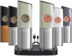 [Upgraded Larger Capacity] Sangcon Gravity Electric Salt And Pepper Grinder Set - USB Rechargeable With Dual Charging Base - Automatic One Hand Operation - Adjustable Coarseness & LED Light Refillable -Peugeot Shop 415MgEv EmL. AC