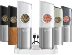 [Upgraded Larger Capacity] Sangcon Gravity Electric Salt And Pepper Grinder Set - USB Rechargeable With Dual Charging Base - Automatic One Hand Operation - Adjustable Coarseness & LED Light Refillable -Peugeot Shop 415WKzceCpL. AC