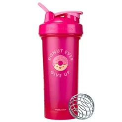 Just For Fun Motivational Classic V2 Shaker Bottle Perfect For Protein Shakes And Pre Workout, 28-Ounce, Donut Ever Give Up,Pink