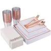 175 Piece Rose Gold Dinnerware Set 25 Guest-50 Square Plastic Plates-25 Rose Gold Plastic Silverware-25 Plastic Cups-25 Linen Like Rose Gold Paper Napkins, FOCUSLINE Disposable Dinnerware Set