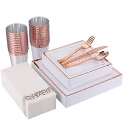 175 Piece Rose Gold Dinnerware Set 25 Guest-50 Square Plastic Plates-25 Rose Gold Plastic Silverware-25 Plastic Cups-25 Linen Like Rose Gold Paper Napkins, FOCUSLINE Disposable Dinnerware Set