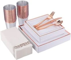 175 Piece Rose Gold Dinnerware Set 25 Guest-50 Square Plastic Plates-25 Rose Gold Plastic Silverware-25 Plastic Cups-25 Linen Like Rose Gold Paper Napkins, FOCUSLINE Disposable Dinnerware Set -Peugeot Shop 415huNSu2VL. AC