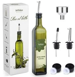17oz Olive Oil Dispenser 500ml Dark Green Oil And Vinegar Dispenser Bottle For Kitchen - Glass Container With 2 Stainless Steel Pourer Spouts, Funnel And 7 Pre-printed Labels