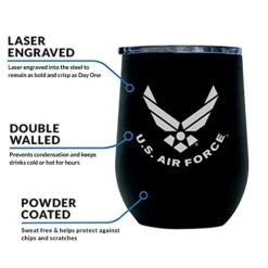 Air Force Steel Stemless Wine Glass Tumbler, 12 Oz Double Wall Vacuum Insulated Whiskey Tumbler With USAF Logo And Lid