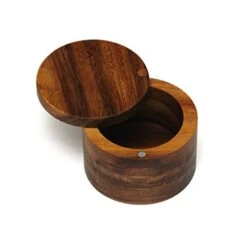 Acacia Wood Salt Or Spice Box With Swivel Cover, 3-1/2" X 2-1/2"