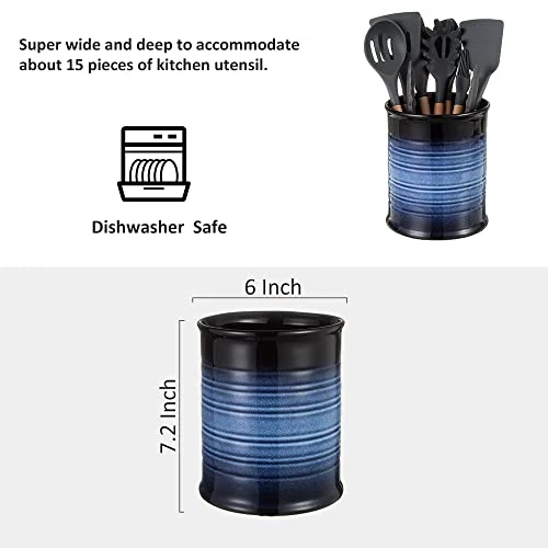 Nihow Kitchen Utensil Holder: 7.2 Inch Extra Large Ceramic Utensil Holder For Countertop - Stable Utensil Crock For Kitchen Counter Decor - Elegant Blue & Black (1PC) 2 Nihow Kitchen Utensil Holder: 7.2 Inch Extra Large Ceramic Utensil Holder For Countertop - Stable Utensil Crock For Kitchen Counter Decor - Elegant Blue & Black (1PC) - Image 2