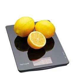 Taylor Pro Digital Ultra Thin Kitchen Food Scales, Compact Slimline Professional Standard With Tare Feature And Precision Accuracy, Black Glass, Weighs 5 Kg Capacity