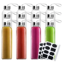 16 OZ Glass Water Bottles,Glass Beverage Bottles Set Of 12,Drinking Bottles With Leak Proof Stainless Steel Cap 500ml,Reusable Juice Bottles With Carrying Strap,to Go Travel Bottles For Drink,Sauce
