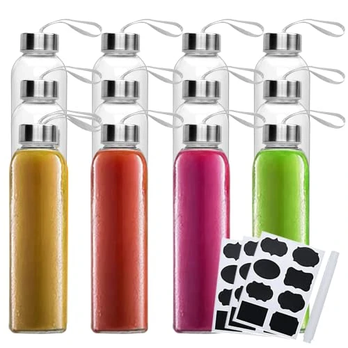 16 OZ Glass Water Bottles,Glass Beverage Bottles Set Of 12,Drinking Bottles With Leak Proof Stainless Steel Cap 500ml,Reusable Juice Bottles With Carrying Strap,to Go Travel Bottles For Drink,Sauce 1 16 OZ Glass Water Bottles,Glass Beverage Bottles Set Of 12,Drinking Bottles With Leak Proof Stainless Steel Cap 500ml,Reusable Juice Bottles With Carrying Strap,to Go Travel Bottles For Drink,Sauce