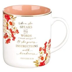 When She Speaks Proverbs 31 Woman Bible Verse Ceramic Coffee/Tea Mug | Pink/Red W/Gold Metallic Floral Christian Coffee Mug For Women, 14 Oz