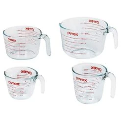 Pyrex 4 Piece Glass Measuring Cup Set, Includes 1-Cup, 2-Cup, 4-Cup, And 8-Cup Tempered Glass Liquid Measuring Cups, Dishwasher, Freezer, Microwave, And Preheated Oven Safe, Essential Kitchen Tools