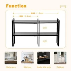 2 Tier Expandable Cabinet Shelf Organizer Over The Sink Storage Rack 2 Tier Adjustable Countertop For Kitchen Bathroom Pantry Spice Cupboard Dish Cup Bottle Pot Metal Plate Heavy Duty Nonslip(Black) -Peugeot Shop 417znK3iNvL