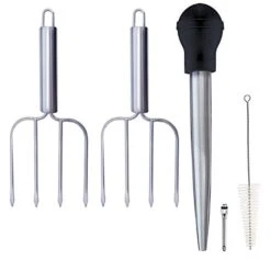 Home Servz Stainless Steel Turkey Baster Syringe And Poultry Lifters Fork Set Of 2,