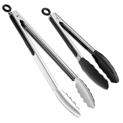 Set Of 2 Cooking Tongs,18/8 Stainless Steel And Silicone Rubber Grips With 600ºF High Heat-Resistant,Kitchen Utensils,Cooking Utensils For Grill,Salad,BBQ,Frying,Baking,Serving 9/12 Inches