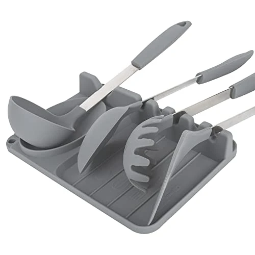 Silicone Spoon Rest, Utensil Holder, Gray, With Drip Pad For Multiple Utensils, Heat Resistant, 10.51x7.32 Inches 2 Silicone Spoon Rest, Utensil Holder, Gray, With Drip Pad For Multiple Utensils, Heat Resistant, 10.51x7.32 Inches - Image 2