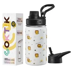 14 Oz Kids Insulated Water Bottle With Straws And 2 Lids, BPA Free And Leakproof Double Walled Stainless Steel Kids Water Bottle For School, Sports, Travel (lion)