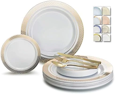 " OCCASIONS " 600 Pcs Set & 120 Guest Wedding Disposable Plastic Plate & Silverware Combo Set (Ivory & Gold Rim Plates, Gold Silverware) 11 " OCCASIONS " 600 Pcs Set & 120 Guest Wedding Disposable Plastic Plate & Silverware Combo Set (Ivory & Gold Rim Plates, Gold Silverware) - Image 11