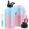 64 OZ Insulated Water Bottle With Straw And Strap, Half Gallon Stainless Steel Water Bottle Leak Proof Double Vacuum Metal Water Jug Giant Water Flask With 2 Lid For Travel Runing Fitness