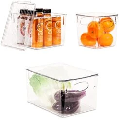 3 Pack Premium Plastic Storage Bins - Sturdy Refrigerator Pantry Organizer - Versatile Lightweight Stackable Cabinet Organization - Bath, Makeup, Food, & Snack Packet Organizer- Clear Square Bin 11 3 Pack Premium Plastic Storage Bins - Sturdy Refrigerator Pantry Organizer - Versatile Lightweight Stackable Cabinet Organization - Bath, Makeup, Food, & Snack Packet Organizer- Clear Square Bin -Peugeot Shop 418tVhn7nHL