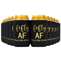 Fifty Can Cooler, 50th Birthday Decorations Beer Sleeve Party Favor, Can Covers With Insulated Covers, 12-Ounce Neoprene Coolers For Soda, Beer, Can Beverage, 12 Black Gold