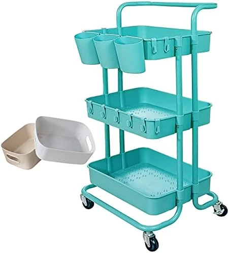 Freletry 3 Tier Utility Rolling Cart Storage Organizer Shelf Rack With 3PCS Hanging Cups + 8PCS Hooks + 2PCS Storage Box For Home Office Kitchen Bathroom Storage (Pink 3 Cup+8 Hook+2 Storage Box) 3 Freletry 3 Tier Utility Rolling Cart Storage Organizer Shelf Rack With 3PCS Hanging Cups + 8PCS Hooks + 2PCS Storage Box For Home Office Kitchen Bathroom Storage (Pink 3 Cup+8 Hook+2 Storage Box) - Image 3