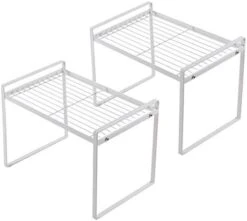 Shantton 2 Pack Kitchen Cabinet Shelf Counter Organizer Rack Pantry Storage Bathroom Bedroom Office Table Desk Space Saving Steel Frame Stackable Rust Resistant Non Slip White -Peugeot Shop 4198bztxzSL. AC