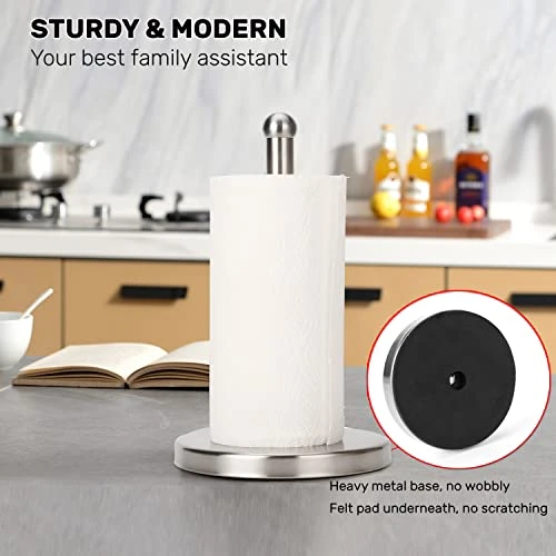 Paper Towel Holder Countertop With Heavy Weighted Base (3 LBS In Weight, And 7.5 Inch In Diameter), One-Handed Design For Easy Ripping (Stainless Steel Brushed Nickel) 2 Paper Towel Holder Countertop With Heavy Weighted Base (3 LBS In Weight, And 7.5 Inch In Diameter), One-Handed Design For Easy Ripping (Stainless Steel Brushed Nickel) - Image 2