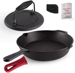 Ast Iron Skillet + Grill Press + Scraper Set - 10"-inch Pre-Seasoned Frying Pan + Silicone Handle Grip - 7" Round Burger Smasher - Indoor/Outdoor, Stove, Oven, Grill, Induction Safe Kitchen Cookware 19 Ast Iron Skillet + Grill Press + Scraper Set - 10"-inch Pre-Seasoned Frying Pan + Silicone Handle Grip - 7" Round Burger Smasher - Indoor/Outdoor, Stove, Oven, Grill, Induction Safe Kitchen Cookware -Peugeot Shop 419A5FOiCzL. AC