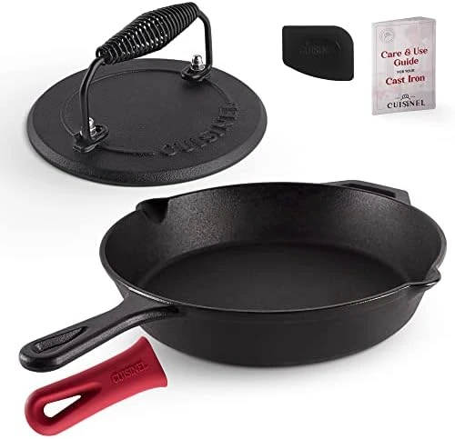 Ast Iron Skillet + Grill Press + Scraper Set - 10"-inch Pre-Seasoned Frying Pan + Silicone Handle Grip - 7" Round Burger Smasher - Indoor/Outdoor, Stove, Oven, Grill, Induction Safe Kitchen Cookware 10 Ast Iron Skillet + Grill Press + Scraper Set - 10"-inch Pre-Seasoned Frying Pan + Silicone Handle Grip - 7" Round Burger Smasher - Indoor/Outdoor, Stove, Oven, Grill, Induction Safe Kitchen Cookware - Image 10