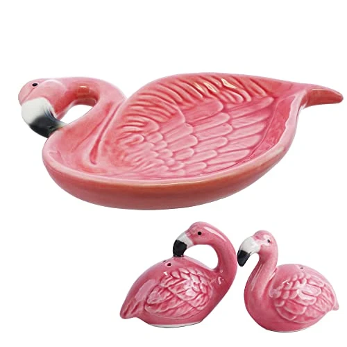 Flamingo Gift Set Salt & Pepper Shakers And Ceramic Flamingo Dish 1 Flamingo Gift Set Salt & Pepper Shakers And Ceramic Flamingo Dish