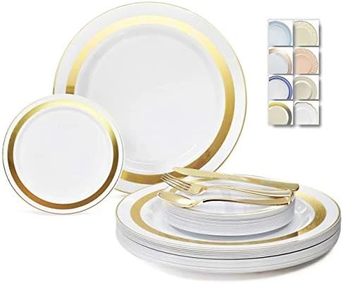 " OCCASIONS " 600 Pcs Set & 120 Guest Wedding Disposable Plastic Plate & Silverware Combo Set (Ivory & Gold Rim Plates, Gold Silverware) 5 " OCCASIONS " 600 Pcs Set & 120 Guest Wedding Disposable Plastic Plate & Silverware Combo Set (Ivory & Gold Rim Plates, Gold Silverware) - Image 5